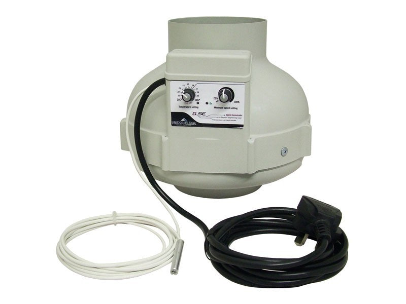 Prima Klima ventilator PK160-TC 160 mm - 800 m3/u, TEMP CTRL temperatuur geregeld toerental zijdelings aanzicht