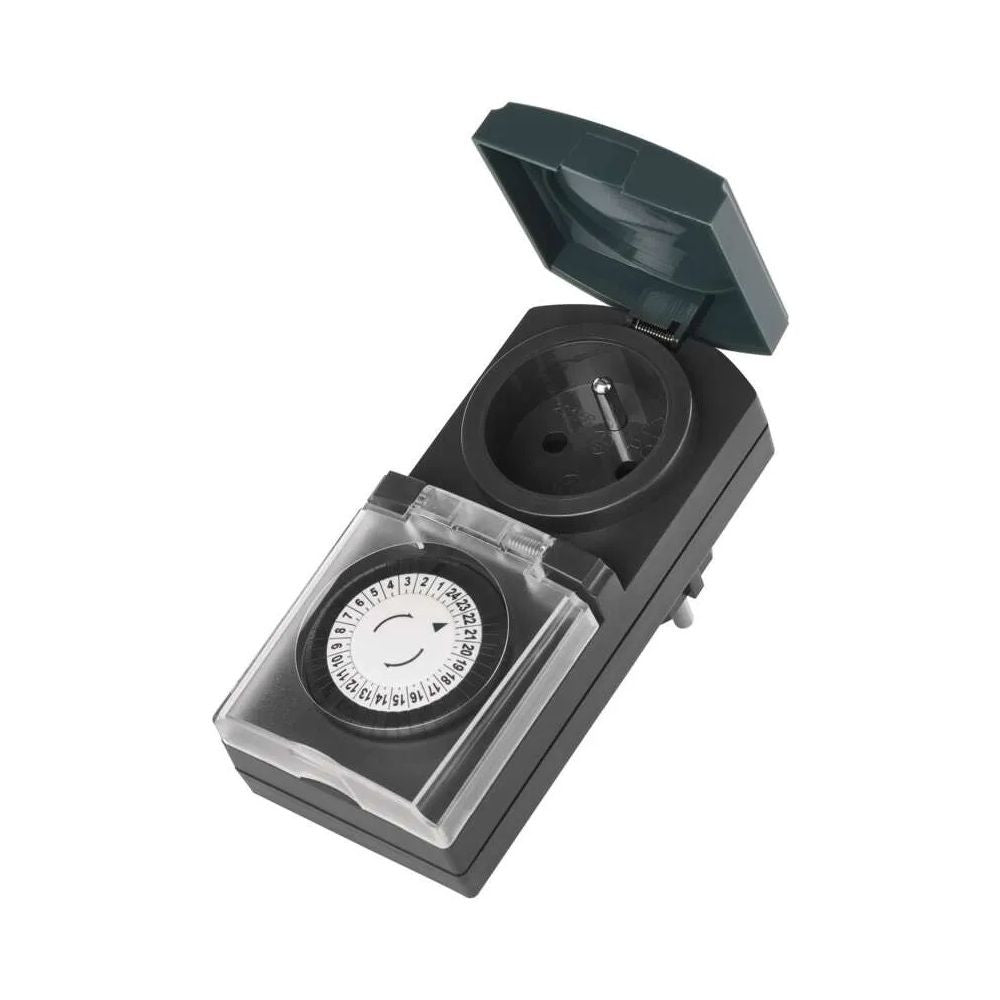 Emos Timer – mechanische Schaltsteckdose Außen IP44 Rückansicht