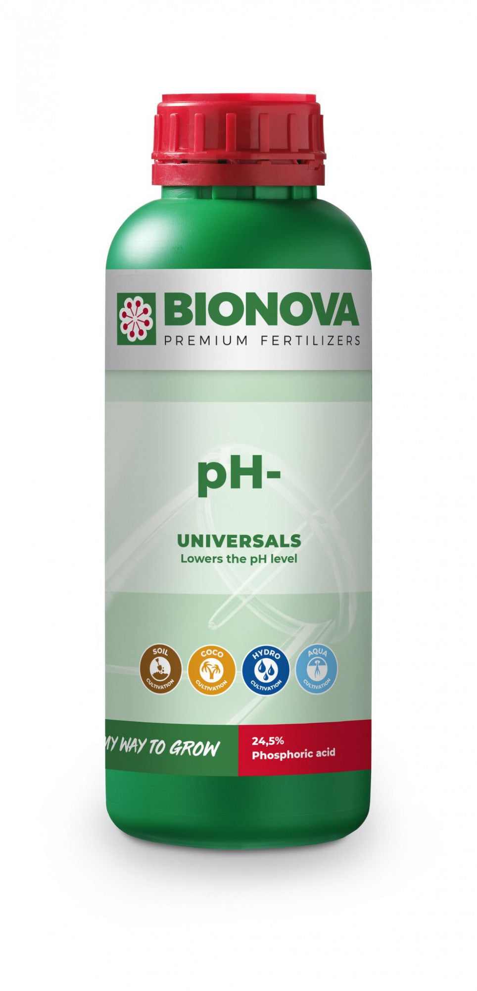 BioNova pH- (P2O5 24,5 % Phosphorsäure) 1 l Seitenansicht