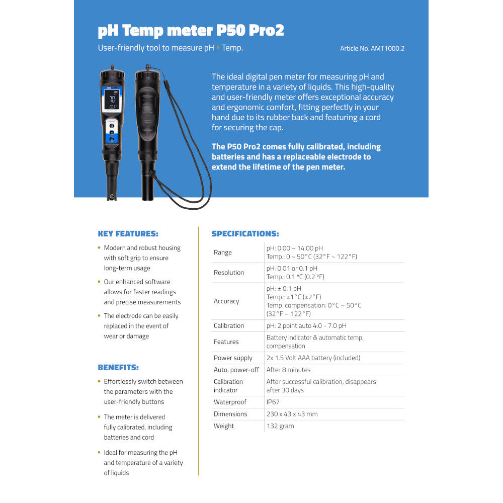 Aqua Master Tools pH metr P50 PRO 2.0 (pH, Teplota) boční pohled