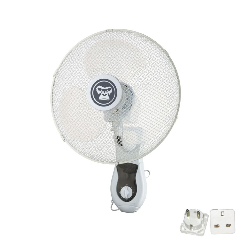 Gorilla Oscillating Wall Fan, třírychlostní nástěnný ventilátor 40 cm S ADAPTÉREM UK/EU pohled zepředu