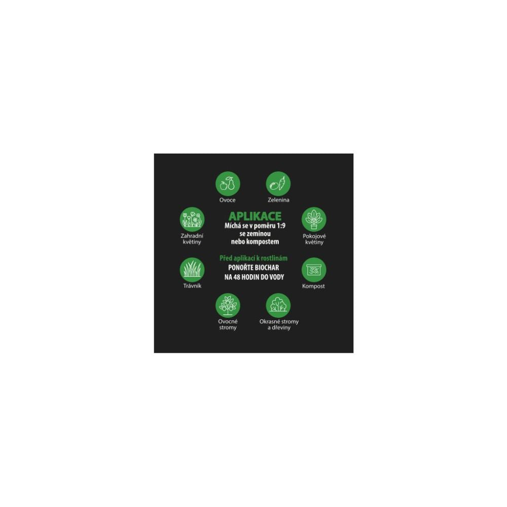 Biochar CZ aktivní uhlí do půdy, hrubé, 17 l boční pohled