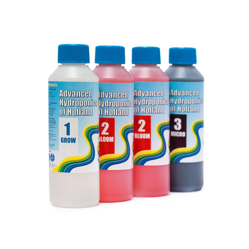 Advanced Hydroponics Dutch Formula Starter Pack 1 l, sada hnojiv (4x250 ml) boční pohled