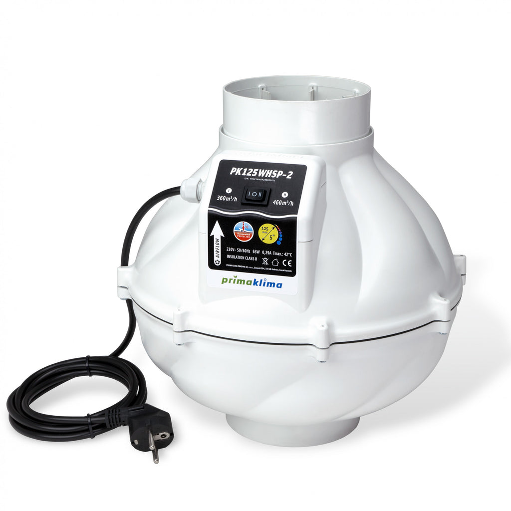 Prima Klima ventilátor Whisperblower 125 mm - 360/460 m3/h, 2-rychlostní boční pohled