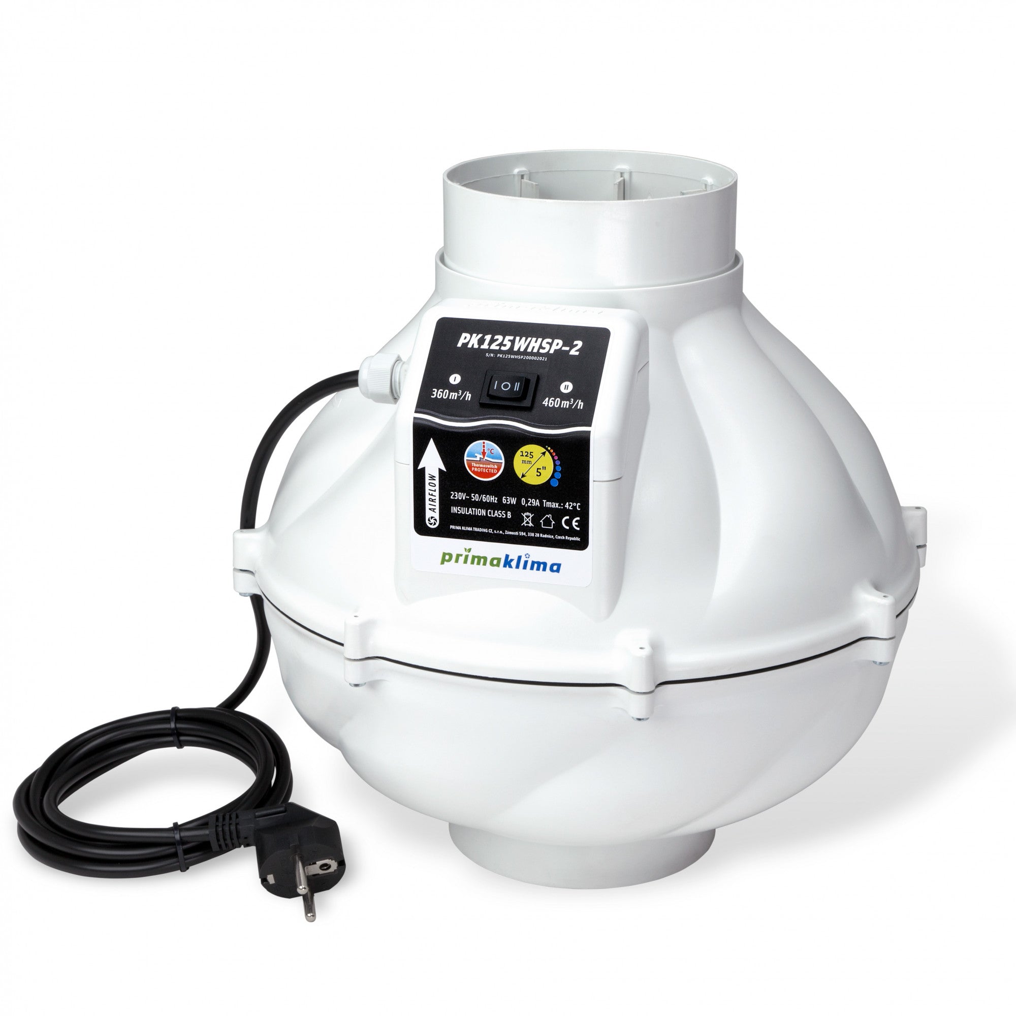 Prima Klima ventilator Whisperblower 125 mm - 360/460 m3/h, 2-snelheid zijaanzicht