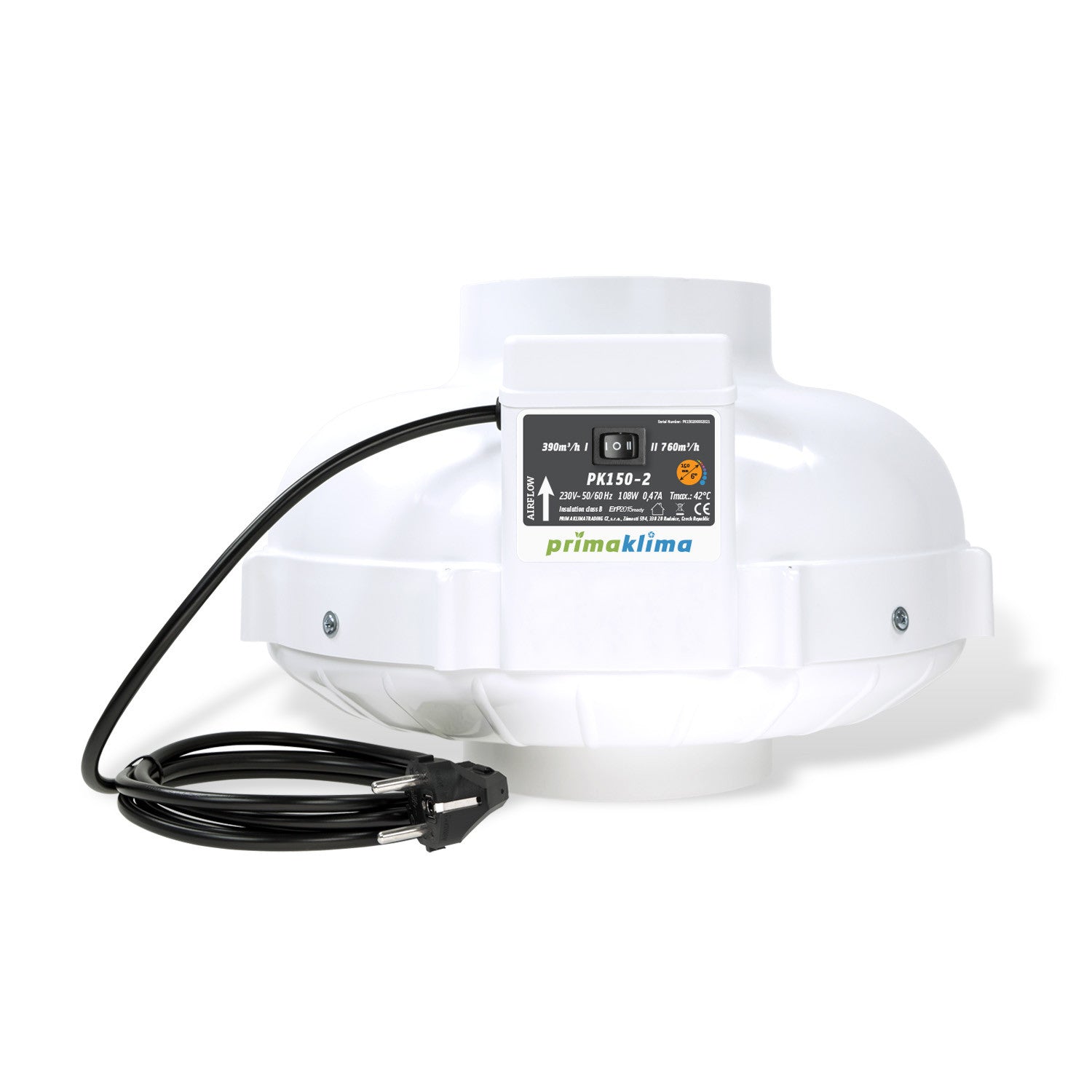 Ventilateur Prima Klima PK150-2 150 mm - 390/760 m3/h, 2 vitesses vue de face