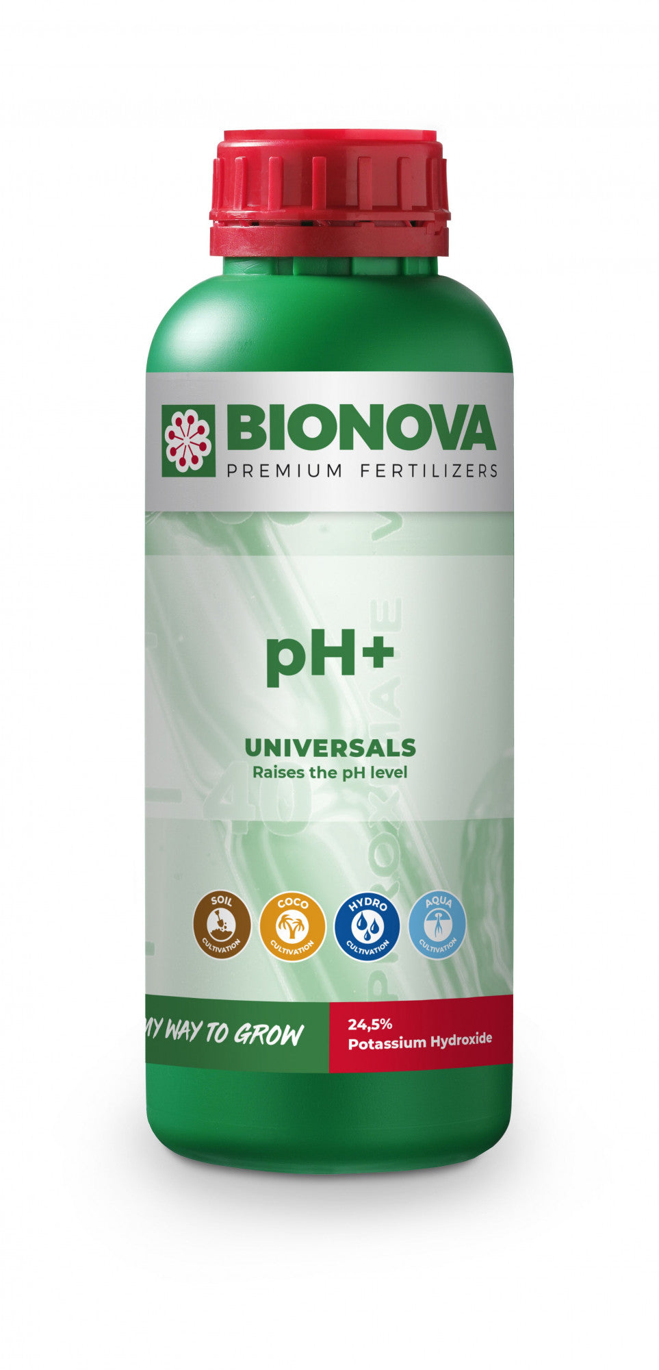 BioNova pH+ (KOH 24,5 % Kaliumhydroxid) 1 l Seitenansicht