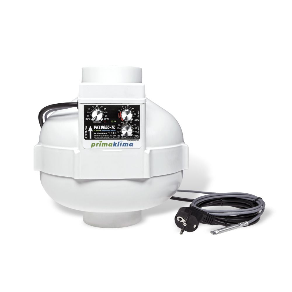 Prima Klima Ventilateur PK100-EC-TC 100 mm - 580 m3/h, moteur EC et contrôle de température vue de face