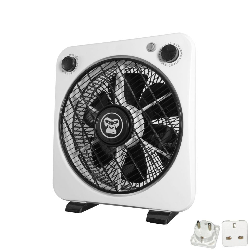 Gorilla Rotating Box Fan, třírychlostní podlahový ventilátor 31.5 cm S ADAPTÉREM UK/EU pohled zepředu