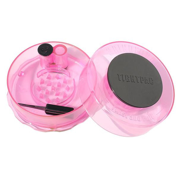 TightVac GrinderVac 60 ml, luftdichter Behälter mit Grinder, Transparent Rosa, Seitenansicht