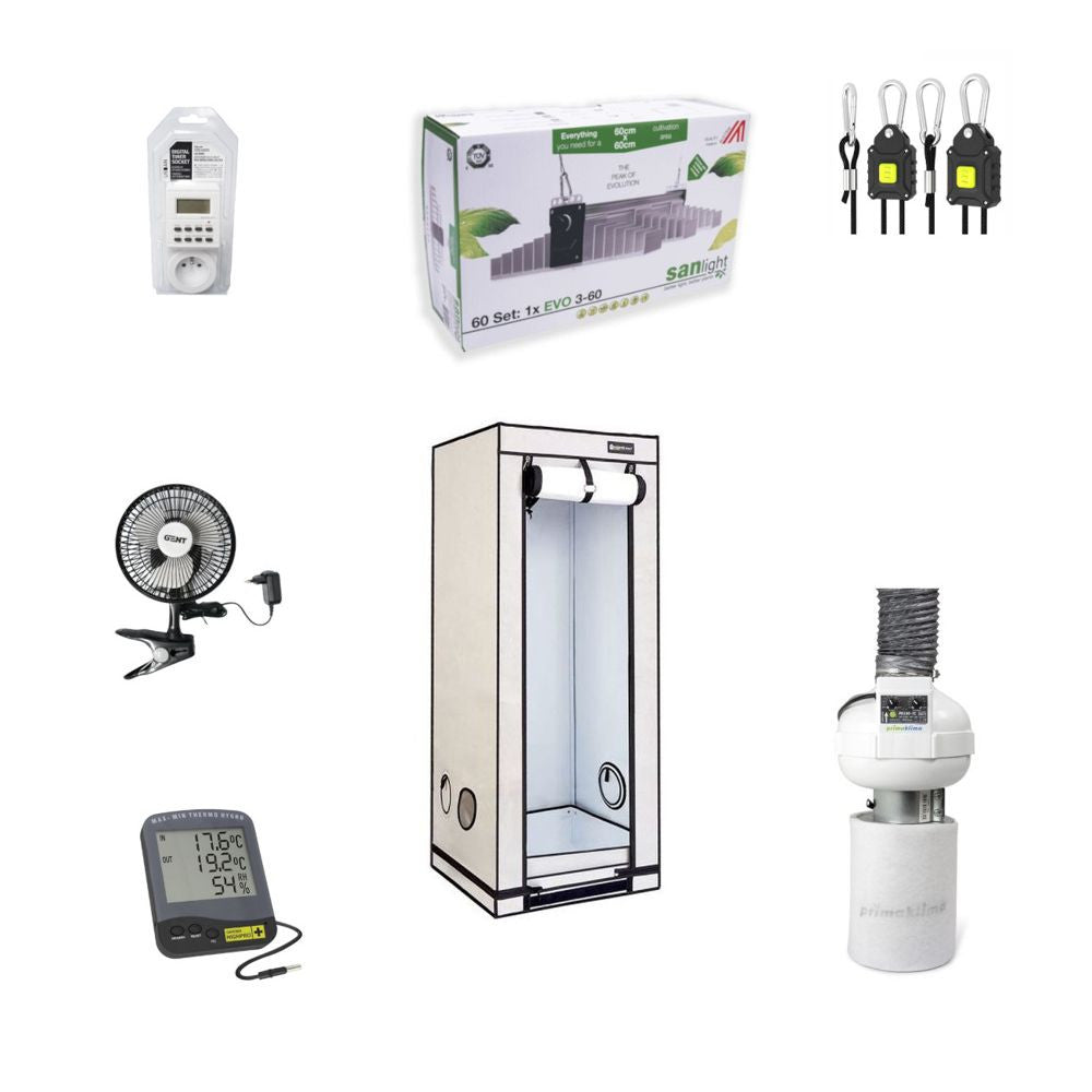 B2B Set Expert - Kompletní grow box LED SANlight 200W, 60x60x160 cm pohled zepředu