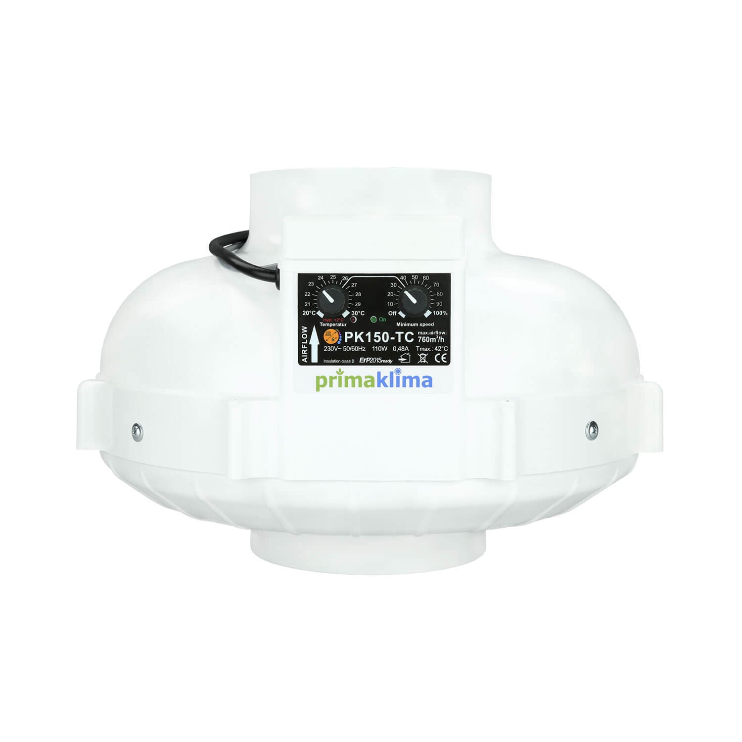 Ventilateur Prima Klima PK150-TC 150 mm - 760 m3/h, régulation de vitesse TEMP CTRL en fonction de la température, vue de face