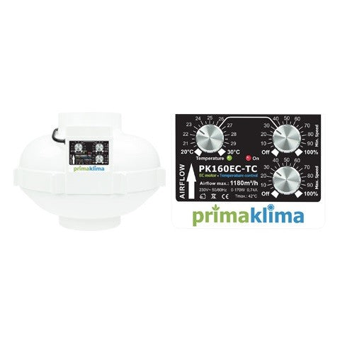 Ventilateur Prima Klima PK160-EC-TC 160 mm - 1180 m3/h, moteur EC et régulation de vitesse en fonction de la température, vue latérale