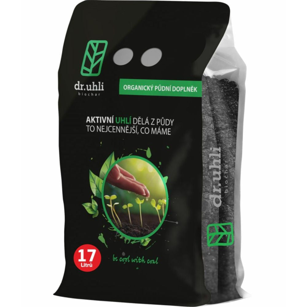 Biochar CZ aktivní uhlí do půdy, prášek, 1 l pohled zepředu