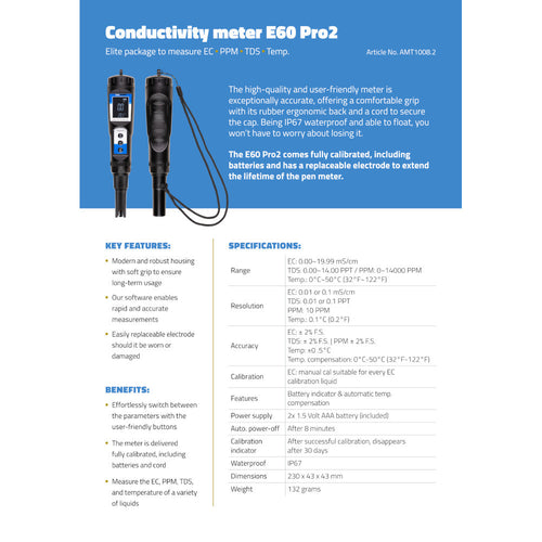 Aqua Master Tools EC meter E60 PRO 2.0 (EC, ppm, TDS, Temperatuur) zijaanzicht