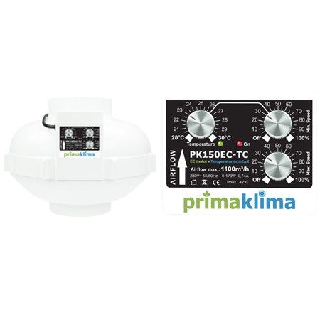 Ventilateur Prima Klima PK150-EC-TC 150 mm, 1100 m3/h, moteur EC et régulation de vitesse en fonction de la température, vue latérale
