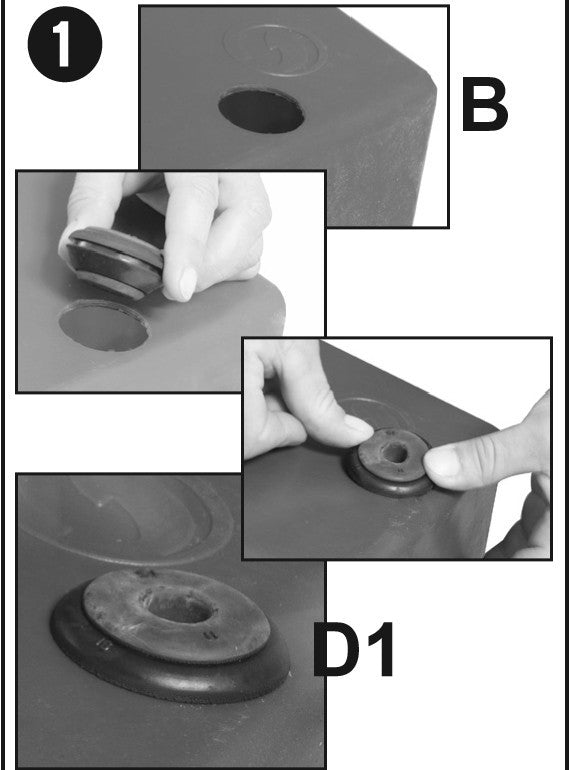 Průchodka na rezervoár pro 16mm a 25mm hadice pohled zepředu