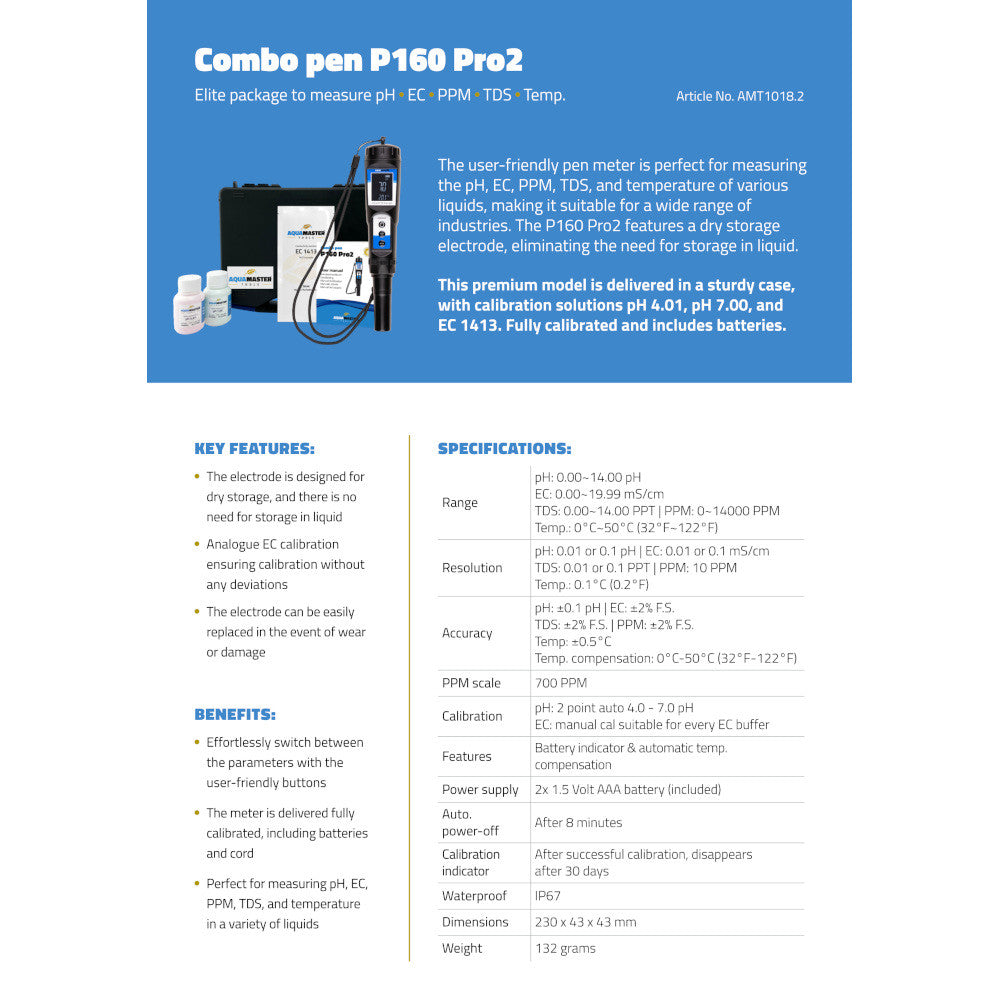 Aqua Master Tools kombinovaný pH metr P160 PRO 2.0 (pH, EC, PPM, TDS, Teplota) boční pohled
