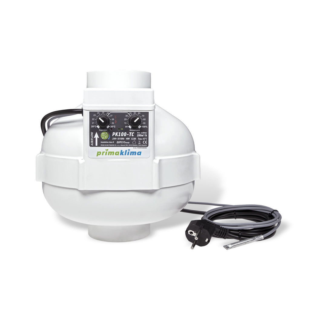 Prima Klima ventilator PK100-TC 100 mm - 280 m3/h, TEMP CTRL toerentalregeling op temperatuur vooraanzicht