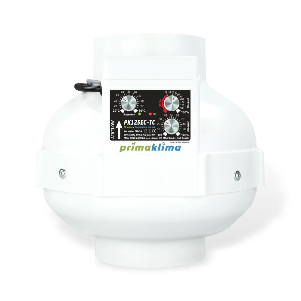 Ventilateur Prima Klima PK125-EC-TC 125 mm - 680 m3/h, moteur EC et régulation de température TEMP CTRL vue de face