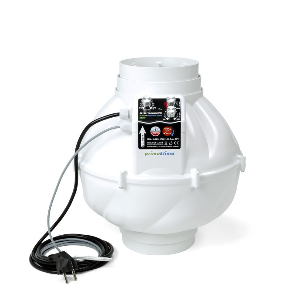 Prima Klima ventilator Whisperblower EC-TC 150-160 mm - 1400 m3/h, EC motor en temperatuurregeling van de ventilator vooraanzicht