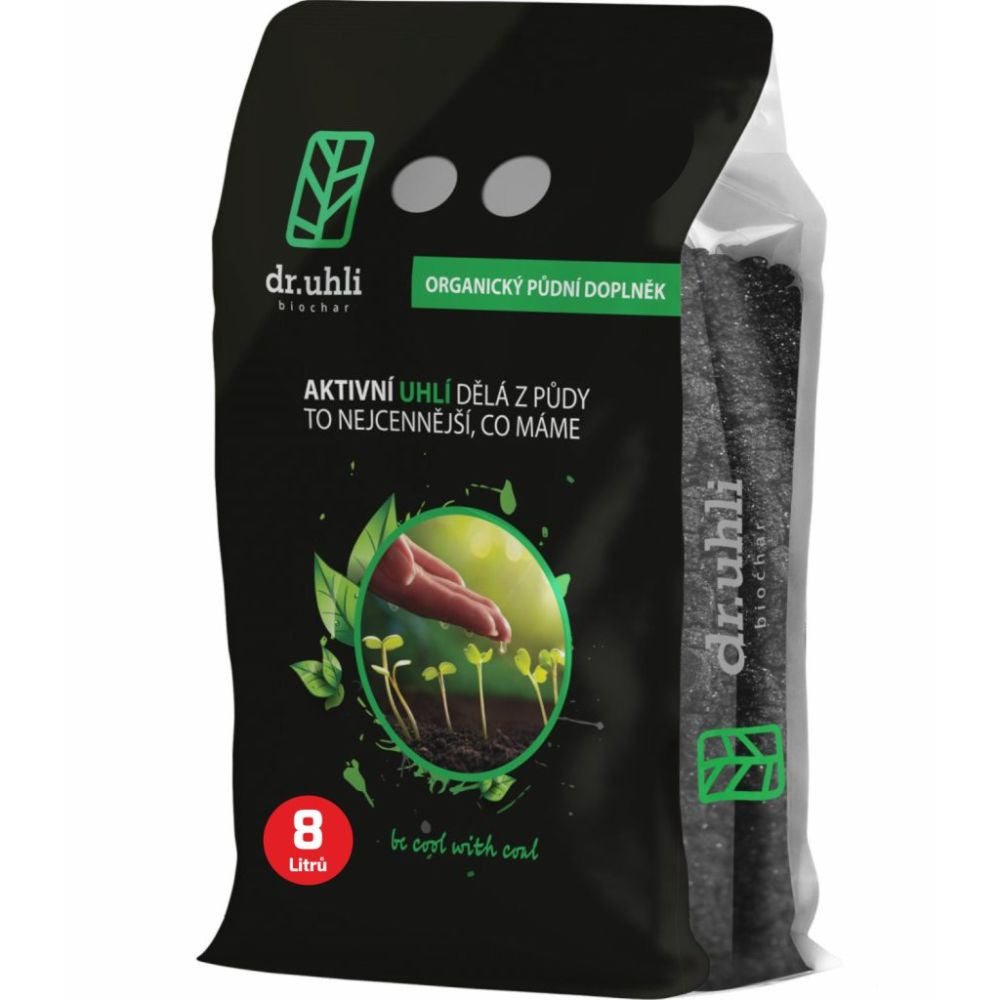 Biochar CZ aktivní uhlí do půdy, hrubé, 8 l pohled zepředu