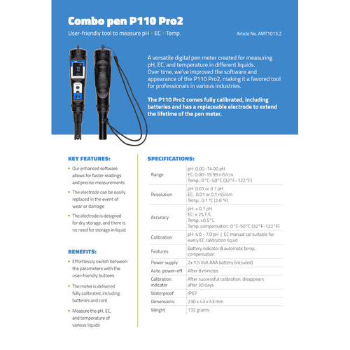 Aqua Master Tools kombinovaný pH metr P110 PRO 2.0 (pH, EC, Teplota) boční pohled