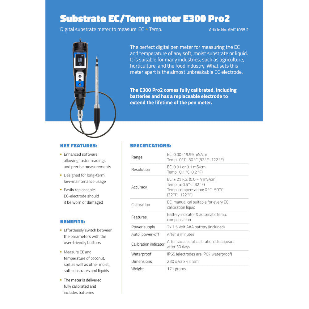 Aqua Master Tools EC metr E300 PRO 2.0 (EC, teplota) na substrát pohled zezadu